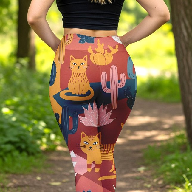 Cute Boho Desert Cats Cactus Succulent Pattern Leggings (Creator Uploaded)