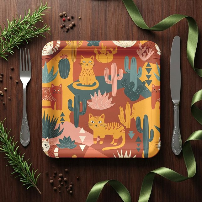 Cute Boho Desert Cats Cactus Succulent Pattern Paper Plate (Creator Uploaded)