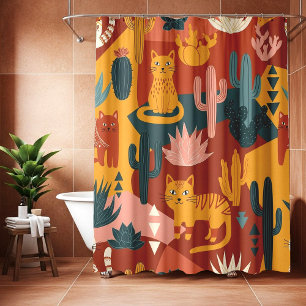 Cute Boho Desert Cats Cactus Succulent Pattern Shower Curtain