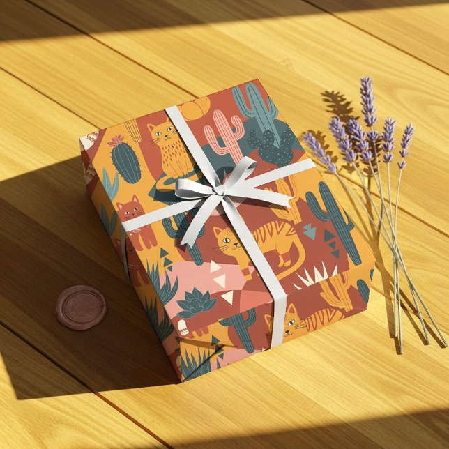 Cute Boho Desert Cats Cactus Succulent Pattern Wrapping Paper (Creator Uploaded)