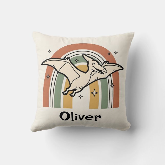 Cute Boho Earth Tone Flying Dinosaur & Rainbow Cushion (Back)