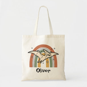Cute Boho Earth Tone Flying Dinosaur & Rainbow Tote Bag