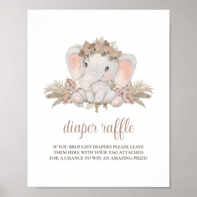 Cute Boho Elephant Baby Shower Diaper Raffle Sign (Front)