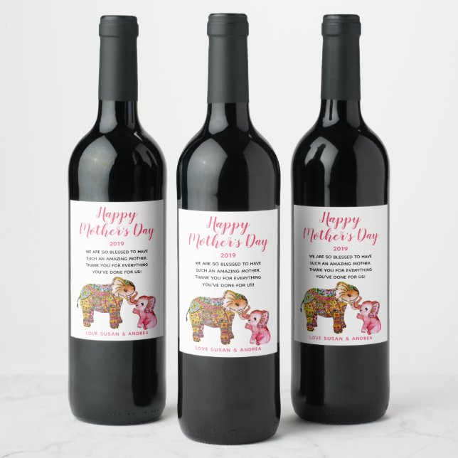 Cute Boho Elephants Happy Mother's Day 2026 Wine Label (Bottles)