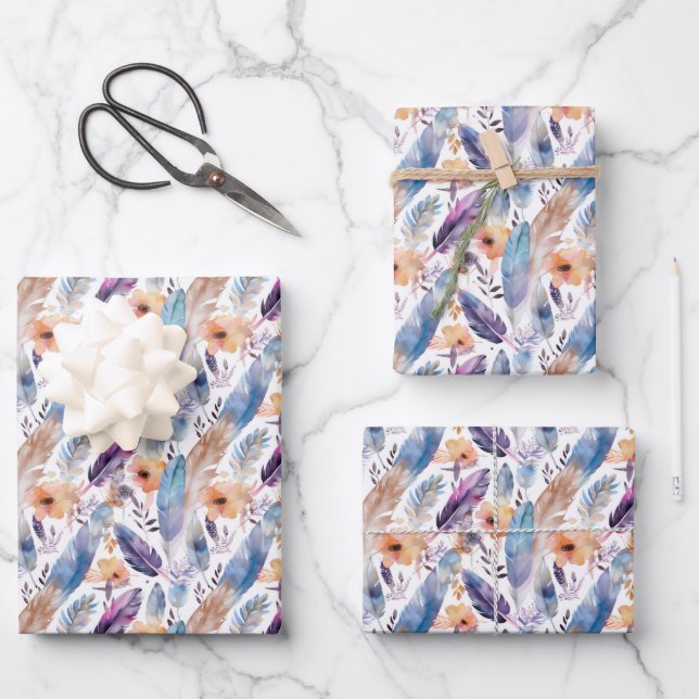 cute Boho feathers flowers tiled party Wrapping Paper Sheet (Front)
