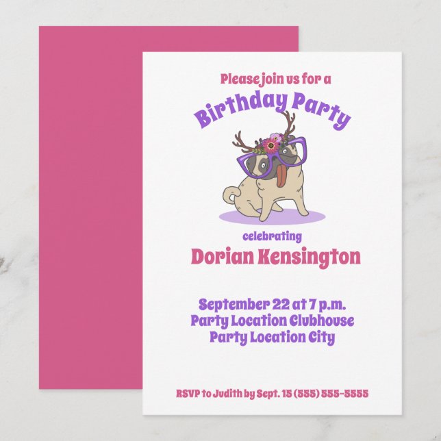 Cute Boho Floral Hippie Pug Any Year Birthday Invitation (Front/Back)