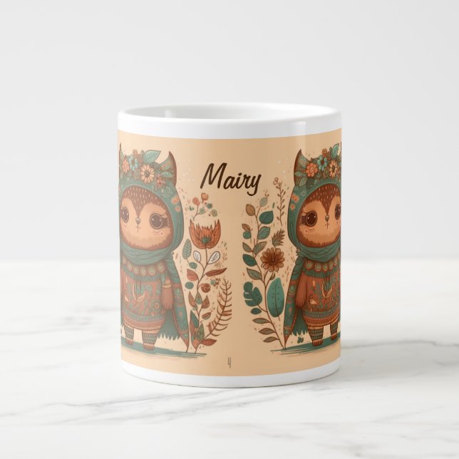 Cute boho floral owl custom  large coffee mug (Front)