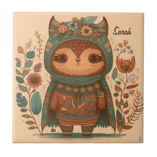 Cute boho floral owl custom tile