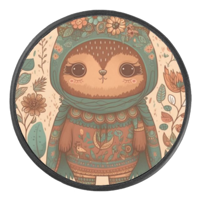 Cute boho floral owl    hockey puck (Front)