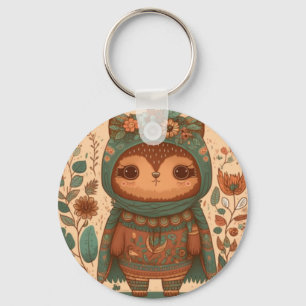 Cute boho floral owl     key ring