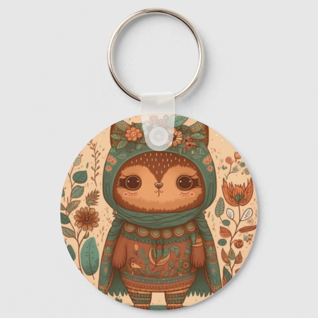 Cute boho floral owl  key ring (Front)