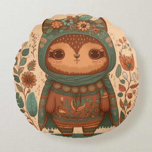 Cute boho floral owl round cushion (Front)