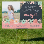 Cute Boho Floral Photo Kids Drive By Birthday Garden Sign<br><div class="desc">Encourage drive-by visitors with this cute woodland animal themed lawn sign that matches our Wild One kids birthday collection. Design features "Happy Birthday [Name]" in peach lettering adorned boho style pastel flowers. "Honk,  Wave,  Cheer" or your choice of text appears across the bottom for a social distancing-approved birthday celebration.</div>
