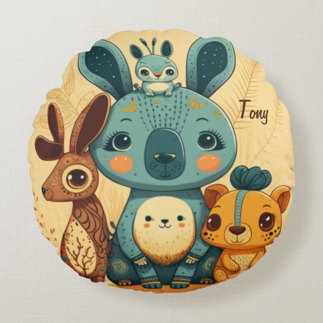 Cute boho floral rabbit round cushion (Front)