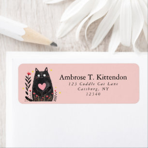 Cute Boho Floral Watercolor Black Cat Art Pink