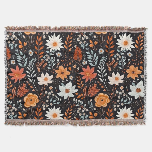 Cute Boho Flower Pattern, Whimsical Floral Boho  Throw Blanket (Front)