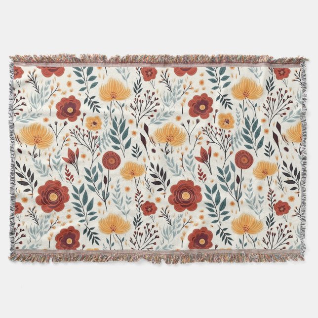 Cute Boho Flower Pattern, Whimsical Floral Boho  Throw Blanket (Front)