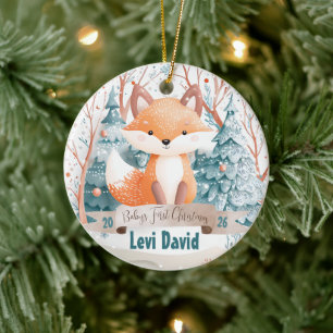 Cute Boho Fox Boy Name Baby's First Christmas Ceramic Tree Decoration