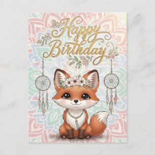 Cute Boho Fox Happy Birthday Card with Dreamcatche