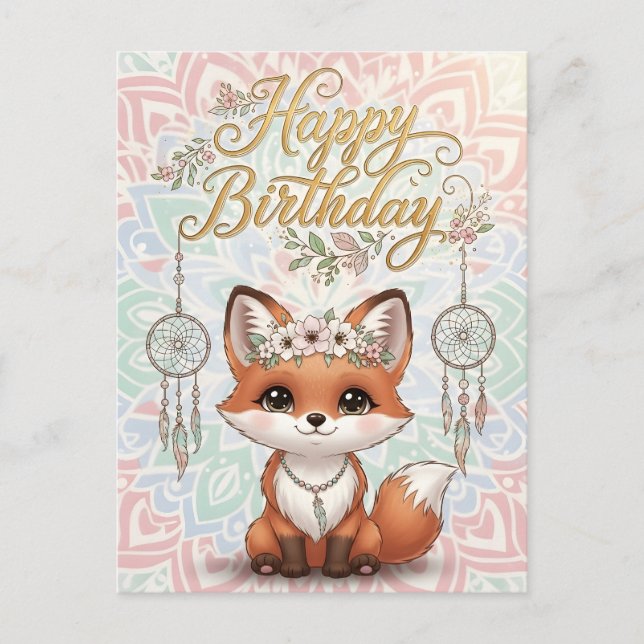 Cute Boho Fox Happy Birthday Card with Dreamcatche (Front)