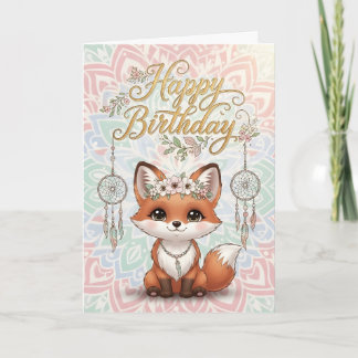 Cute Boho Fox Happy Birthday Card with Dreamcatche