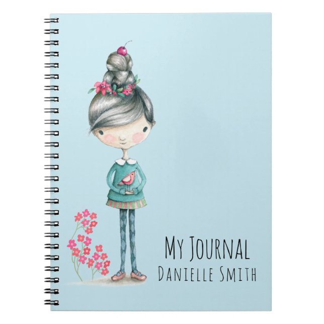 Cute Boho Girl With Bird Notebook (Front)