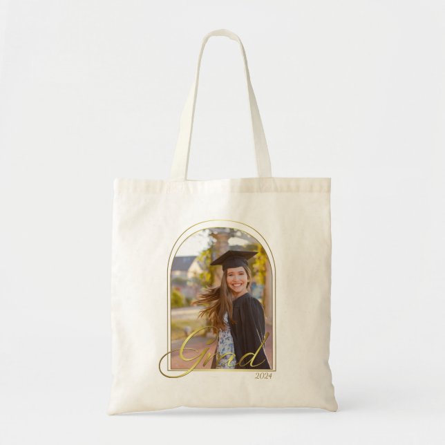 Cute BOHO Grad with Golden Arch Photo and Year Tote Bag (Front)