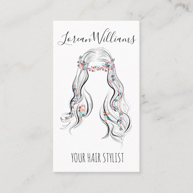 Cute Boho Hairstyle Wedding Hair Stylist Floral QR Business Card (Front)