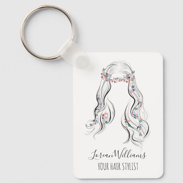 Cute Boho Hairstyle Wedding Hair Stylist Floral QR Key Ring (Front)