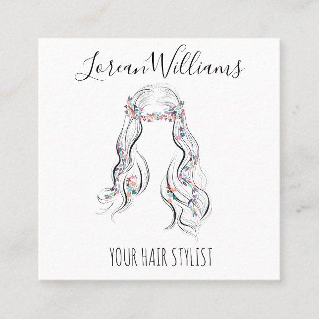 Cute Boho Hairstyle Wedding Hair Stylist Floral   Square Business Card (Front)