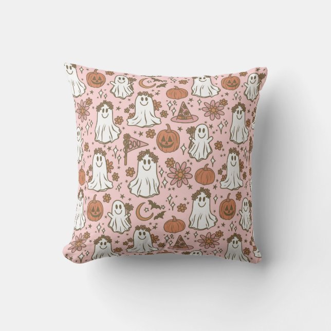 Cute Boho Halloween Ghosts Pumpkins Pink Floral Cushion (Front)