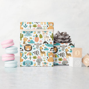 Cute Boho Jungle Animals Birthday Party Wrapping Paper