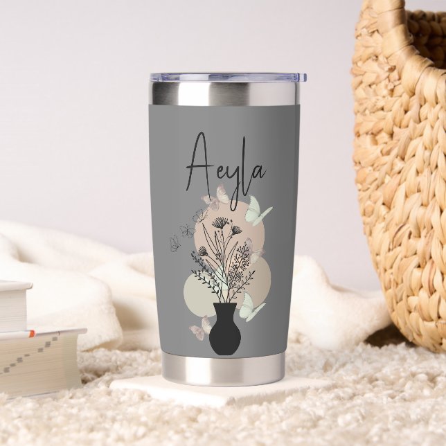Cute Boho Line Art Flowers and Butterflies Grey Insulated Tumbler (Living Room)