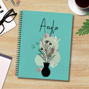 Cute Boho Line Art Flowers and Butterflies Teal Notebook