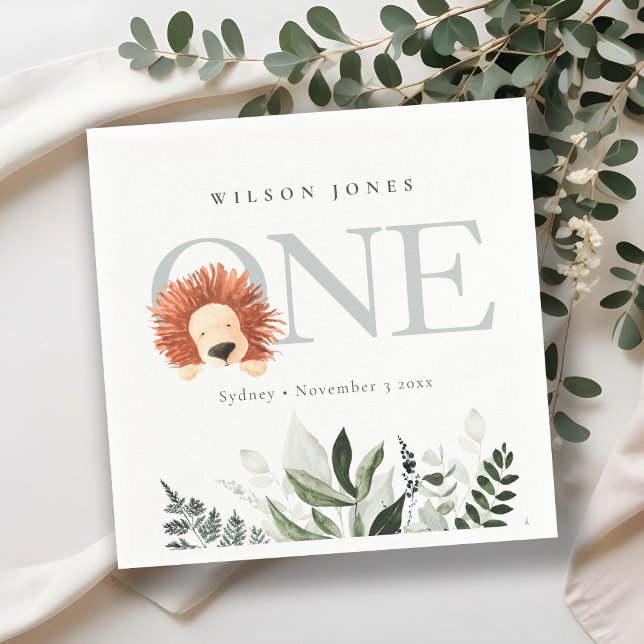 Cute Boho Lion Foliage 1st First Birthday Party Napkin (Creator Uploaded)
