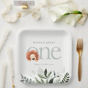 Cute Boho Lion Foliage 1st First Birthday Party Paper Plate