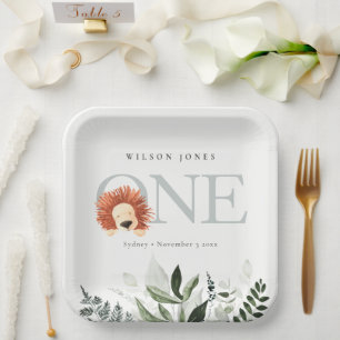 Cute Boho Lion Foliage 1st First Birthday Party Paper Plate