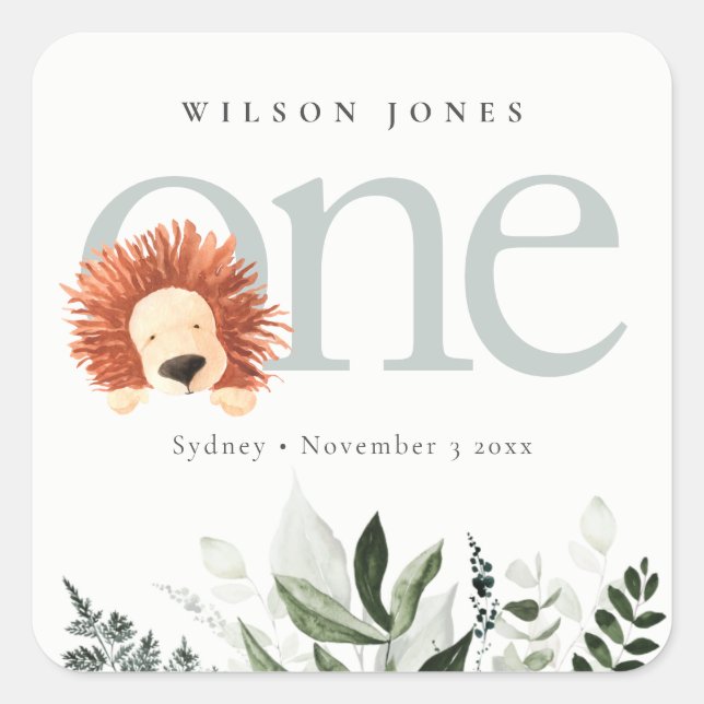 Cute Boho Lion Foliage 1st First Birthday Party Square Sticker (Front)