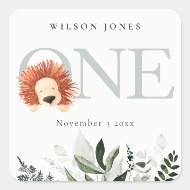 Cute Boho Lion Foliage 1st First Birthday Party Square Sticker (Front)