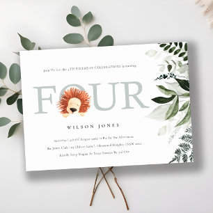 Cute Boho Lion Foliage 4th Fourth Birthday Invite