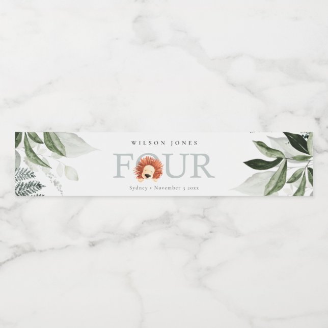 Cute Boho Lion Foliage 4th Fourth Birthday Party Water Bottle Label (Single Label)
