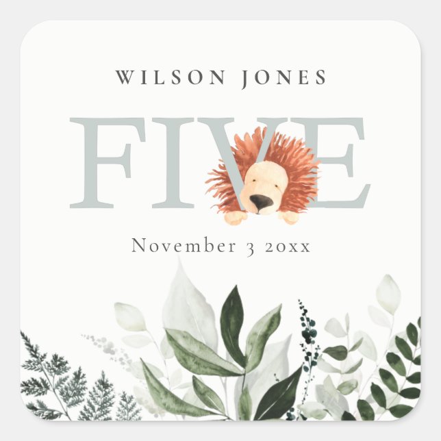 Cute Boho Lion Foliage 5th Fifth Birthday Party Square Sticker (Front)