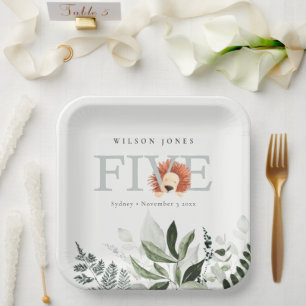 Cute Boho Lion Foliage Fifth 5th Birthday Party Paper Plate