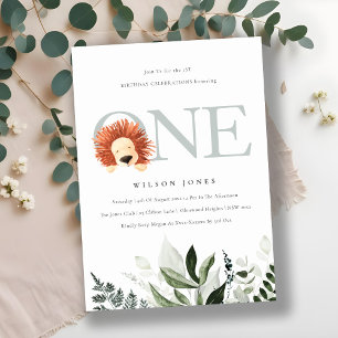 Cute Boho Lion Foliage First Birthday Party Invite