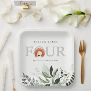 Cute Boho Lion Foliage Fourth 4th Birthday Party Paper Plate