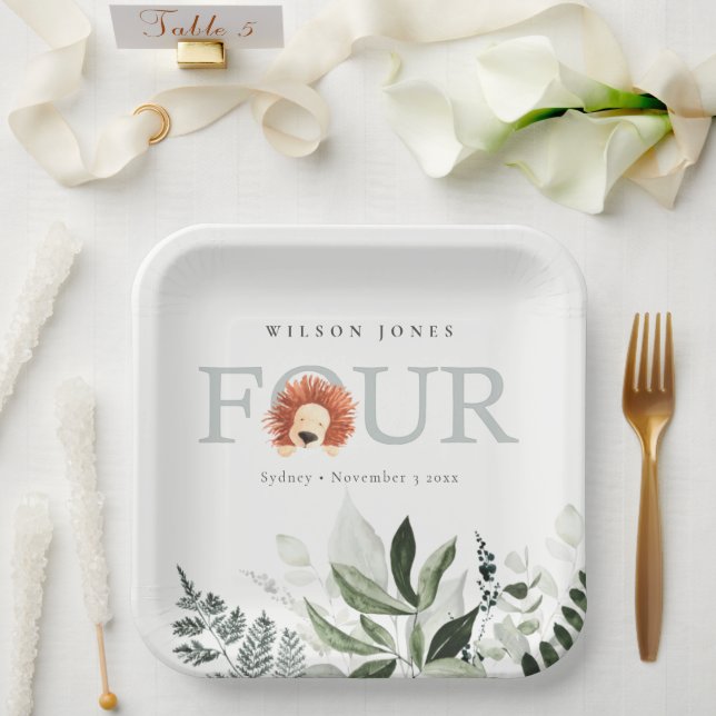 Cute Boho Lion Foliage Fourth 4th Birthday Party Paper Plate (Wedding)