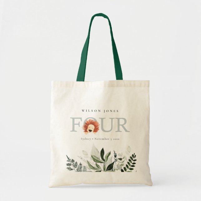 Cute Boho Lion Foliage Fourth Birthday Party Tote Bag (Front)