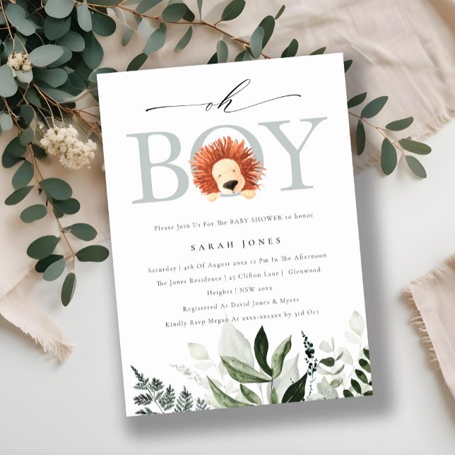 Cute Boho Lion Foliage Oh Boy Baby Shower Invite (Creator Uploaded)