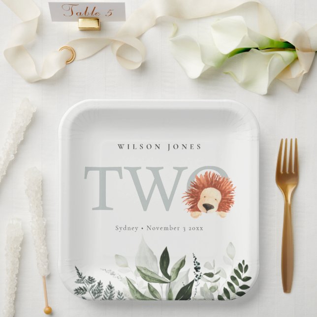 Cute Boho Lion Foliage Second Birthday Party Paper Plate (Wedding)