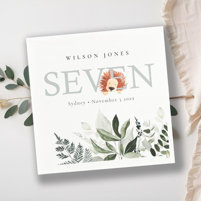 Cute Boho Lion Foliage Seventh 7th Birthday Party Napkin (Creator Uploaded)